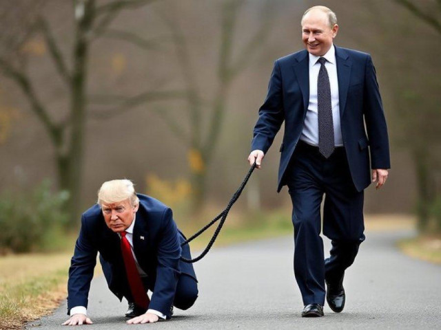 The image shows a satirical depiction of US President Donald Trump as a dog being walked by Russian President Vladimir Putin. Trump is on all fours and wearing a suit, while Putin casually walks behind him, holding a leash attached to Trump's collar. The image is a humorous commentary on the power dynamics between the two leaders. The setting appears to be a park with trees and a paved path.