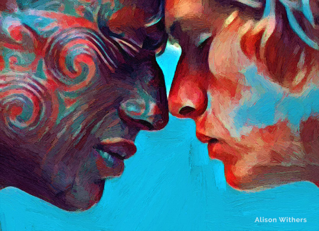 Bright painting of a Māori man a tattooed face and a white woman. Their foreheads are pressed together with their noses touching, and their eyes are closed.