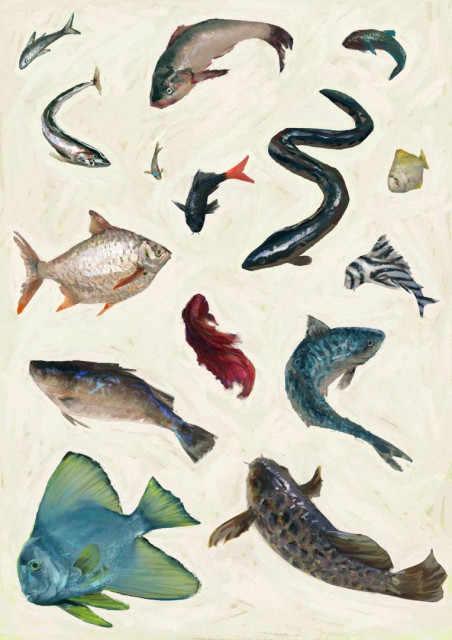 A digital painting of several fishes against a light background. The seem to be converging on the center in either a convo or a secret fight club. An impasto-like technique was employed for the background, inspired by the works of J. C. Leyendecker.

1. A small silvery fish, no species in particular.
2. Small Silver Forage. It's silvery and long.
3. Silver Carp Fish. It's dark greenish on the top, with a cream belly and punk highlights on the head and fins.
4. Female Betta fish. It's hue shifts from dark purple to green-blue.
5. Neon fish. It's tiny, long, translucent with electric blue and red stripes.
6. Red Tail Shark. It's small, dark with a bright orange tailm a bit elongated and has the whiskers of a catfish.
7. Japanese eel. It's dark and sinuous and glossy.
8. Mono Fish. Round but not exactly thin, spadefish-shaped, small and very cute, cream color with bright yellow fins.
9. Zebra Pleco. Shaped like a catfish, but with diagonal black stripes on a white body.
10. Java Barb. It's flat and round, but with pointy orange fins. Silvery with a pink undertone.

(list continued on next image)