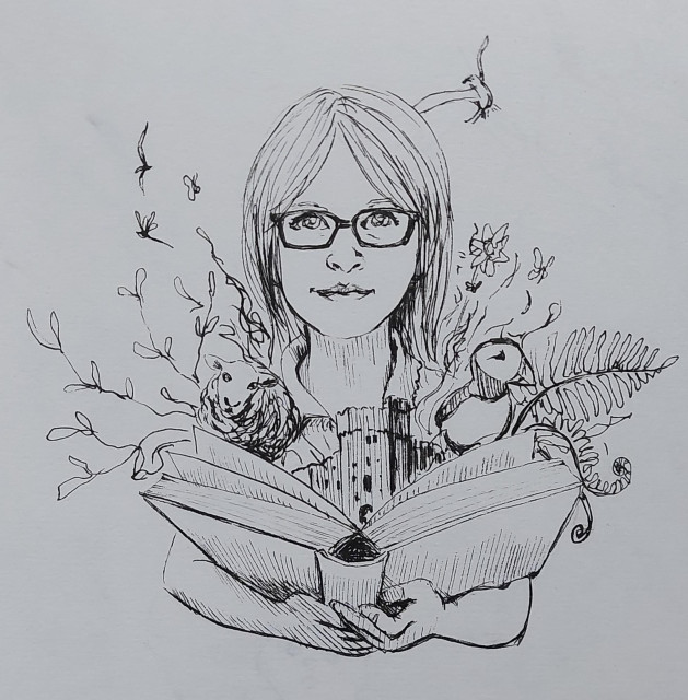 A girl with glasses holding a large book with sheep, a castle and plants and puffins coming out of it.