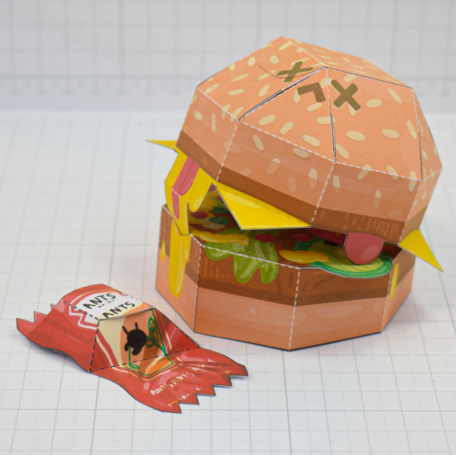 a photo of a papercraft depicting a burger filled with ants 