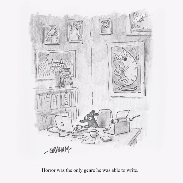 A cartoon illustration of a nervous looking mouse at his laptop surrounded by scary pictures of ferocious looking cats. The caption below reads "Horror was the only genre he was able to write."