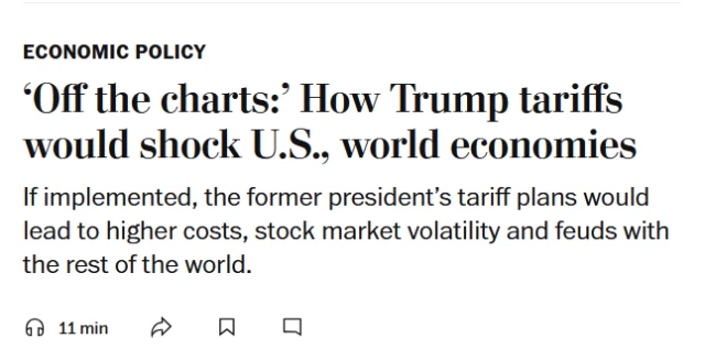 News headline: Economic Policy
‘Off the charts:’ How Trump tariffs would shock U.S., world economies

If implemented, the former president’s tariff plans would lead to higher costs, stock market volatility and feuds with the rest of the world.