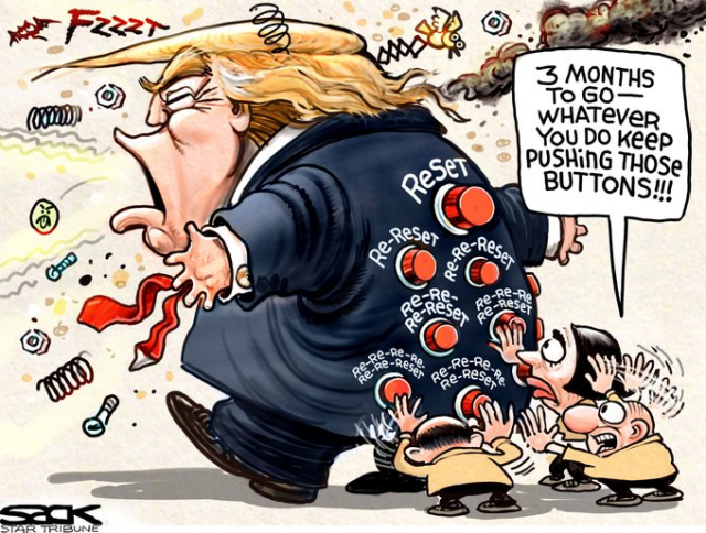 Trump falling apart.
Team of handlers pushing reset buttons over and over
"3 months to go - whatever you do keep pushing those buttons" yells one.