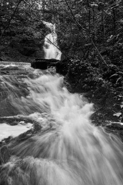 Viewed from further downstream, the water from the falls in the background continues over smaller rock formations as it powers down into the steepest part of a woodland gully