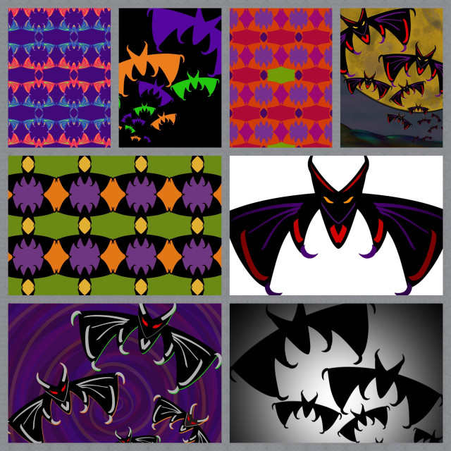 12 images in a collage frame, each a variation on a theme of a stylized bat designed from only 1 line and 5 triangles. Colors are typical green, purple and orange, some much brighter and more vibrant.