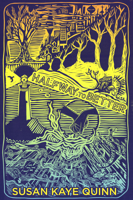 linocut art by Eddie Spaghetti for HALFWAY TO BETTER by Susan Kaye Quinn

Image shows a lighthouse with beams that bisect the image into parts — below is blue/green ocean waves, fish, and a submersible, above is a city bathed in orange, and in the middle is a barren forest, yellow but on fire with orange, and a tree stump where a tree has been cut down