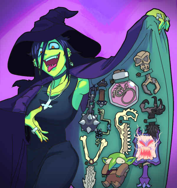 A witch shows off her black market wares.