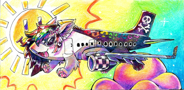 Traditional illustration of a scene-themed airplane dragon flying against a sun with a happy face, purple clouds, and a gradient background that goes from yellow, to green, to blue. The plane itself is black and white with rainbow leopard markings and hair.