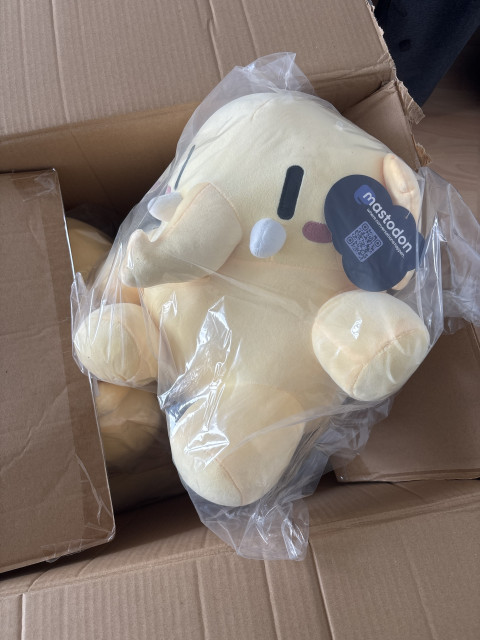 A yellow plush toy is partially visible inside a cardboard box, wrapped in plastic. A tag with the logo "Mastodon" is attached to the toy.