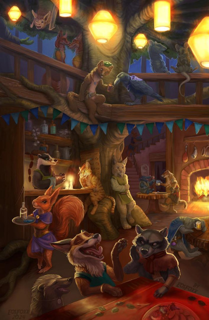 A tavern with a big oaktree in the middle. Animals talking and chatting