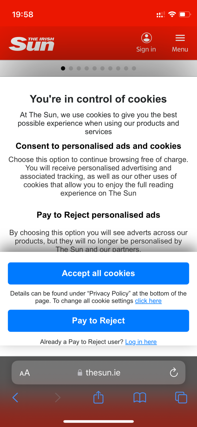 Screenshot of Sun web site with option to either accept all cookies or pay to reject personalised ads.