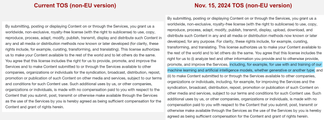 The current, and post-Nov.15 versions of the Twitter TOS (non EU version), the section granting Twitter a copyright license. Highlighted is the new text in the Nov. 15 version only: "including, for example, for use with and training of our machine learning and artificial intelligence models, whether generative or another type".