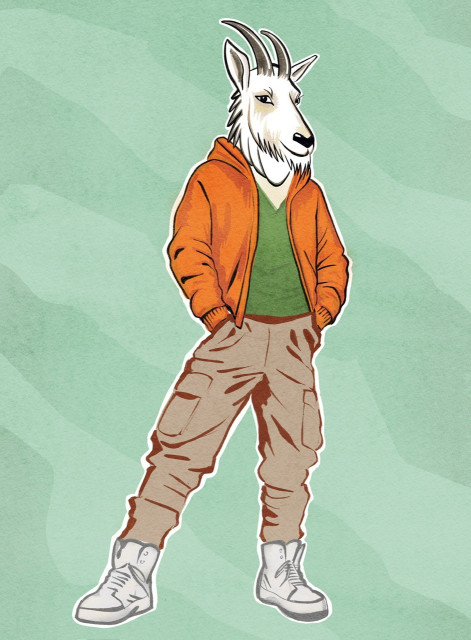 Digital illustration of an anthropomorphic white goat standing with his hands in his pockets; dressed casually, orange hoodie over a green shirt and khaki trousers.