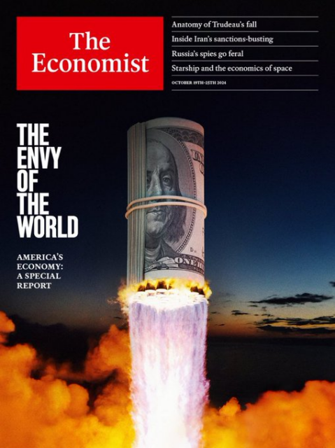 Economist cover with a rocketship that looks like it's wrapped in hundred$ bills: