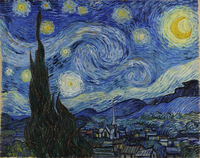 Vincent van Gogh, "The Starry Night" (1889), oil on canvas, 28 7/10 x 36 1/5 inches (73 x 92 cm) (public domain via Wikimedia Commons)

The Starry Night is the only nocturne in the series of views from his bedroom window. In early June, Vincent wrote to Theo, "This morning I saw the countryside from my window a long time before sunrise with nothing but the morning star, which looked very big". Researchers have determined that Venus (sometimes referred to as the "morning star") was indeed visible at dawn in Provence in the spring of 1889, and was at that time nearly as bright as possible. So the brightest "star" in the painting, just to the viewer's right of the cypress tree, is Venus.

The Moon is stylized, as astronomical records indicate that it was waning gibbous at the time Van Gogh painted the picture, and even if the phase of the Moon had been its waning crescent at the time, Van Gogh's Moon would not have been astronomically correct. The one pictorial element that was not visible from Van Gogh's cell is the village, which is based on a sketch made from a hillside above the village of Saint-Rémy. Pickvance thought was done later, and the steeple more Dutch than Provençal, a conflation of several Van Gogh had painted and drawn in his Nuenen period, and thus the first of his "reminisces of the North" he was to paint and draw early the following year. Hulsker thought a landscape on the reverse was also a study for the painting.