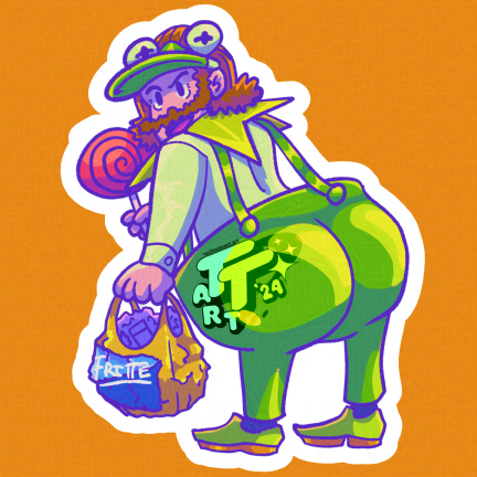 The design for the Secret Menu sticker that's available this month! It features the very same Harry DuBois in a ridiculous froggy costume holding the giant lollipop. He's got his back facing the camera and he's looking over his shoulder. You can't help but look at his big shiny bubble butt in these "Way Too Big For Him" frog costume pants.