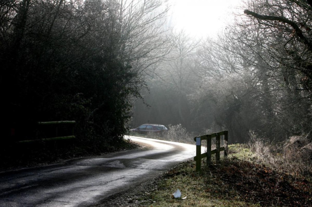 Hangman's Hill, Epping Forest, Essex. A bend in a road surrounded by bare trees on a misty day. A car is in the background, perhaps testing out the 'gravity hill'.