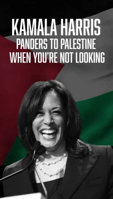 A screenshot with the words "Kamala Harris panders to Palestine when you're not looking "