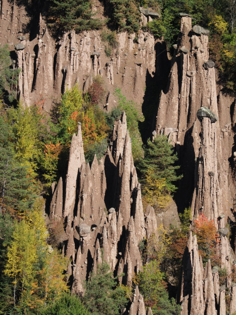 Europe’s tallest and most perfectly shaped earth pyramids are to be found on the Renon mountain. Those pictured here are in the gorge of the Finsterbach creek between Longomoso and Monte di Mezzo, South Tirol, Italy. 

Earth pyramids consist of cone-shaped pillars formed by deposited clay and a boulder on top - they often form rather bizarre shapes, and tend to be shrouded in mystery. But there is an explanation for their existence. Earth pillars started forming from moraine clay soil left behind after the last Ice Age when the glaciers of the Valle d'Isarco covering the valley melted away. In dry condition the soil is hard as stone, but, as soon as it rains, it turns into a soft muddy mass, starts sliding, and so forms 10 to 15-meter-steep slopes. Through additional rainfall, these slopes will erode. However, where there are rocks in the muddy mass, the clay soil underneath these rocks stays protected from the rain. So, while the surrounding material is continually carried off with the weather, the protected pillars literally rise out of the ground to form majestic earth pyramids.

The image depicts a rugged earthen formation characterized by sharp, towering spires of earth, partially covered by green and autumn-colored trees. Some large boulders rest atop the spires, enhancing the dramatic landscape.