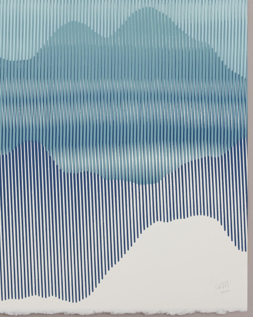 Closeup of an abstract painting produced by a robotic pen plotter using a generative algorithm. Blue and teal acrylic paint create wave-like forms on white paper.