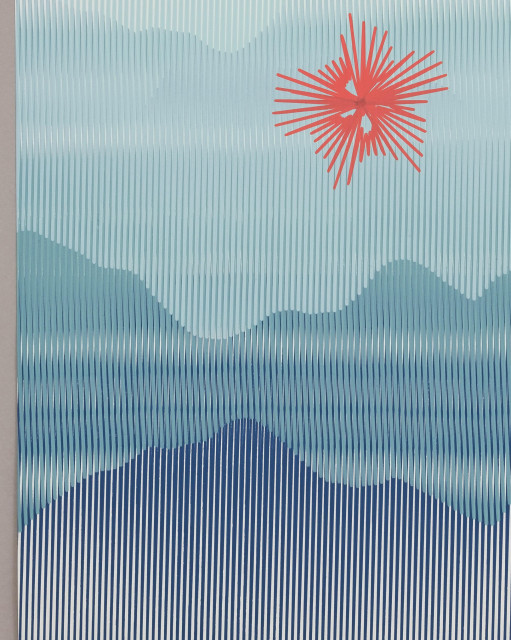 Closeup of an abstract painting produced by a robotic pen plotter using a generative algorithm. Blue and teal acrylic paint create wave-like forms on white paper. In the top-right corner is a red starburst shape.