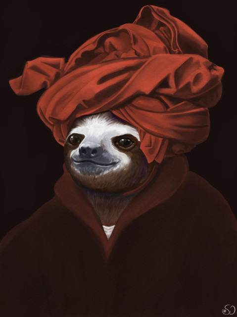 Digitally painted reproduction of Jan van Eyck’s Portrait of a Man (in a Red Turban), except it’s a sloth.