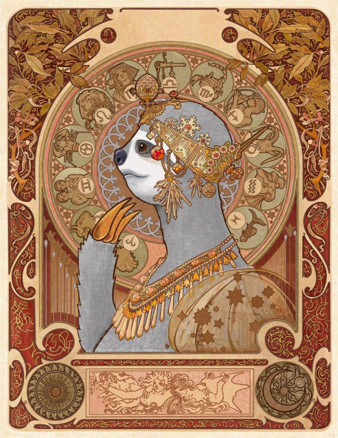 Faithful and highly detailed digitally painted reproduction of Alphonse Mucha’s Zodiac poster, with all the human characters replaced with anthropomorphic sloths.