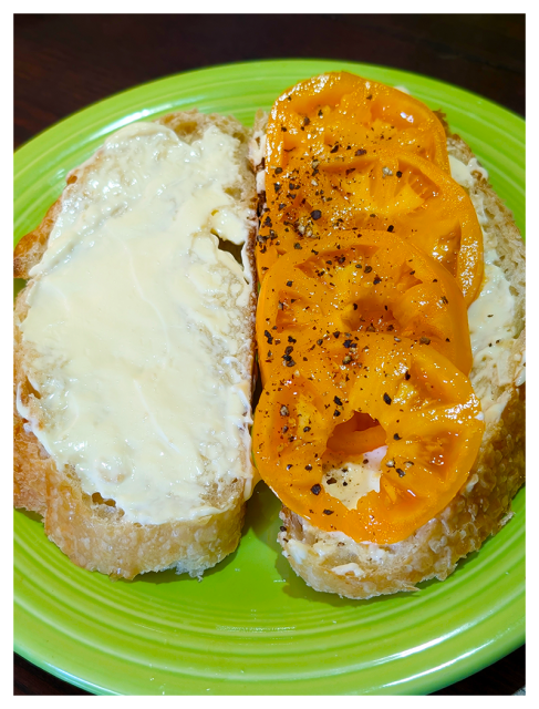 oval pieces of bread with mayo facing each other on a lime green plate. the slice on the right has 4 small slices of orange tomato with salt and cracked pepper.