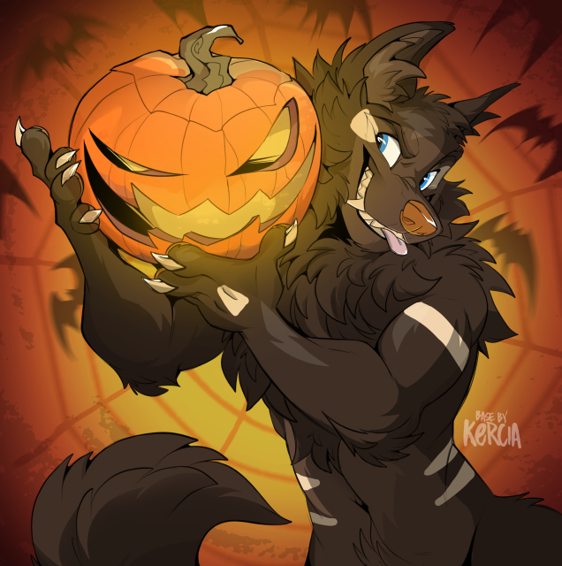 My character Ruweg, an anthropomorphic brown wolf, with lighter brown fur on his face and chest and beige markings holding a pumpkin. Both are giving a sly smile to each other, with Ruweg also sticking out his tongue. The background features a spider web and a lot of silhouetted bats