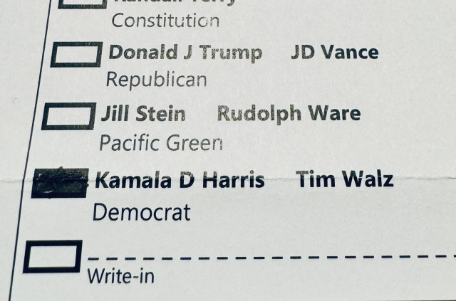 My ballot with Kamala Harris’s dot filled in and Donald Trump’s decidedly not. 