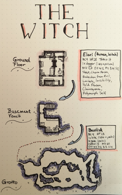 Photograph of my next session prep showing 3 levels of a witch hut including dungeon that is home to a Basilisk.