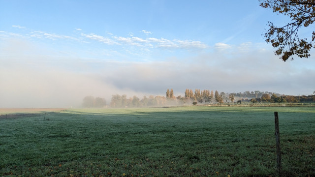 Photo of the view across a field with fog or mist in the distance. Trees and a farm are hidden in the fog. The sky is light blue. The field is mostly still in the shade.