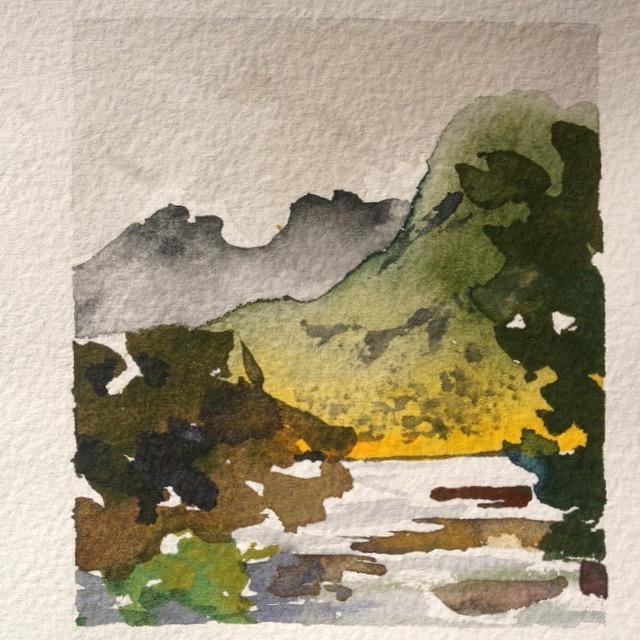 A watercolour painting with texture of a plain and mountain in distance. 