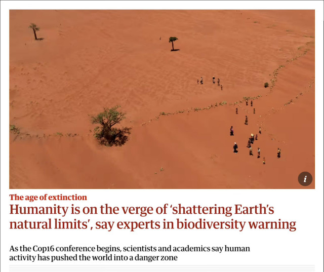 Screenshot from top of linked article. Headline says: "Humanity is on the verge of shattering Earth's natural limits, say experts in biodiversity warning." Above this is an overhead view of a dust bowl in southern Madagascar, where previously fertile land has been decimated by drought and deforestation.