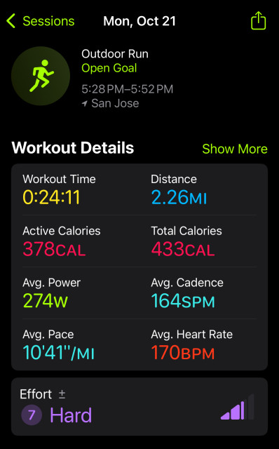 Outdoor Run workout stats. 2.26mi for 24m11s.