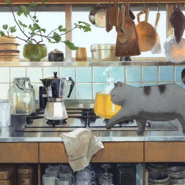 a gouache painting of a cat on a kitchen counter; blue, brown and neutral hues