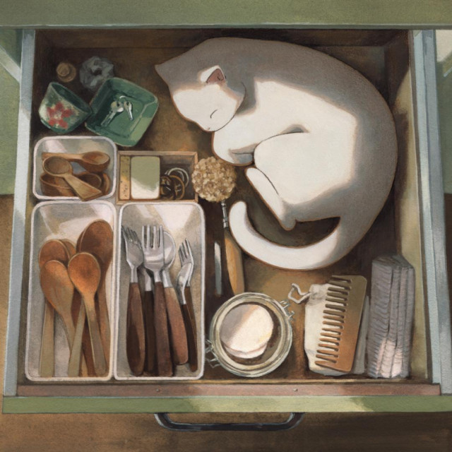 A gouache painting of a cat sleeping in a drawer; sage green, brown, and neutral hues