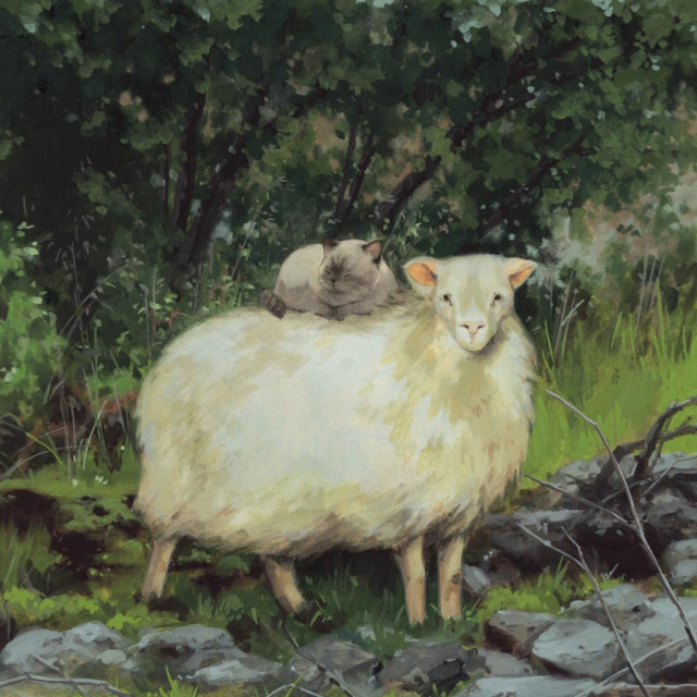 a gouache painting of a cat sitting on a sheep; beige and green hues