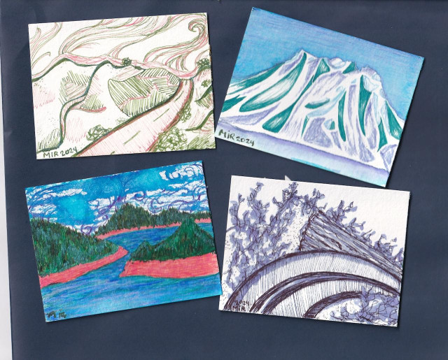 four images made in ink with fountain pen laid next to each other:
1. green and coral ink shows a road bending around a Mediterranean chaparral hilly landscape with van gogh-like siwrls in the sky.

2. a view of a mountain, in teal, pale purple, and pale blue. 

3. a lake with land masses that are forested, showing coppery orange between the edge of the forests and the lower waterline. the sky is swirled with watery inks in ornate patterns

4.  another image shows a road bending among jagged abstract textures, evoking both brushy shrubs and sedimentary rocks