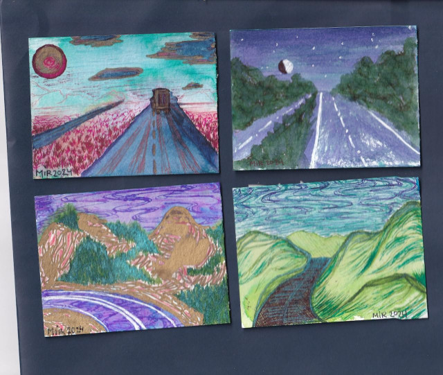 four different ink images laid out together.

1.  view of a sun lowering on the horizon, in reds and corals showing a road making its way amongst open flat plains. in the far distance are some outlines of hills.

2. the image of a moon 3/4 full rising in a purple sky over a purple road and light forest. it's nighttime on the road.

3. another image of a swirling warmer purple sky and road, amongst gold-lined hills dotted with parts of evergreen forest.

4. the image a road in daytime bending among green-yellow hills with swirling skies