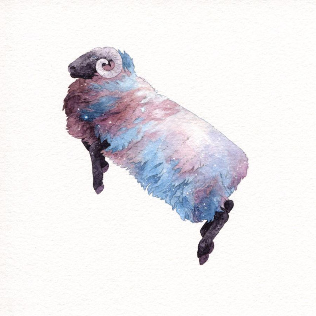 watercolor painting of a sheep jumping. Its wool is white with light blue and pink streaks, and covered in stars. Its face and legs are black, and its horns grey.