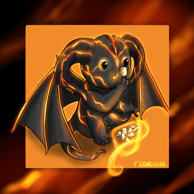 Digital art of a very cute chibi Balrog (a black beast with ram horns, wings and veins of fire) holding up a marshmallow and blowing on it. He is holding a fire whip, folded in a heart shape, around a pile of other marshmallows.