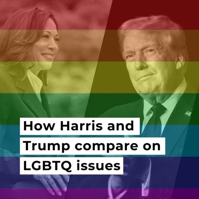 The image shows pictures of presidential candidates Kamala Harris and Donald Trump under a filter of a Pride flag. The graphic reads "How Harris and Trump compare on LGBTQ issues". 