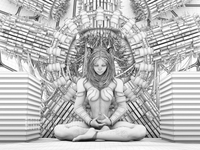 wireframe rendering of a scene with a female cyborg with cat ears sitting on meditation pose surrounded by high tech machinery 