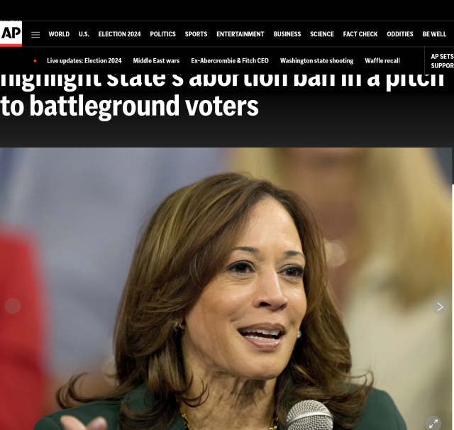 Photo of Vice President Kamala Harris with AP Headline that reads Harris campaigns in Texas to highlight abortion ban in a pitch to battleground voters