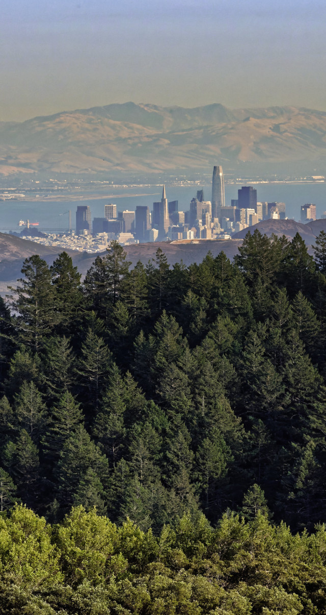 Photo Mount Tam Foothills, San Francisco, the Bay, Alameda, the Oakland Airport, and the East Bay Hills, stacked. 