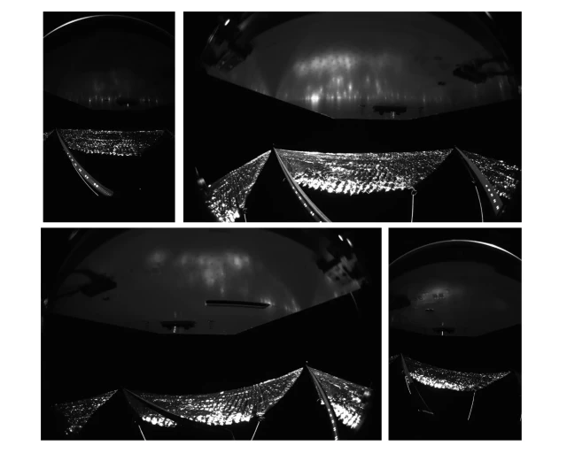 Four cameras aboard the Advanced Composite Solar Sail System spacecraft show the four reflective sail quadrants supported by composite booms. The booms are mounted at right angles and the spacecraft’s solar panel is rectangular, but lines appear distorted because of the wide-angle camera field of view. Mission operators are currently analyzing a slight bend in the boom pictured in the left corner of the bottom left image.