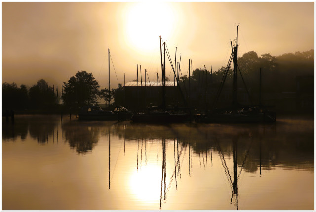 Sonnenaufgang am Hafen.
Die nebelverhangene, weiche Silhouette aus Bäumen und Segelbooten spiegelt sich im stillen Wasser wieder. Die schemenhaft verwischte Sonne malt goldene Farben in den Morgen.