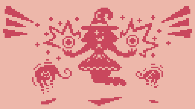 Pixel art of a levitating witch wearing a big hat with a crescent moon on it. She is floating above the ground with her arms outward casting a spell. There is a cat to the left and a rat to the right being held up by her spell.